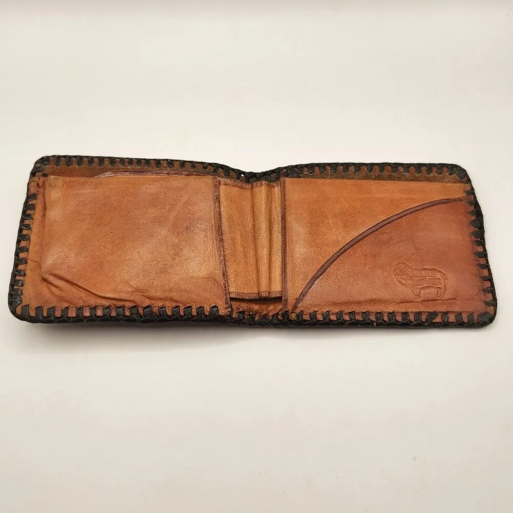 Vintage Hand Tooled Genuine Leather Bifold Wallet Mexico Brown Black